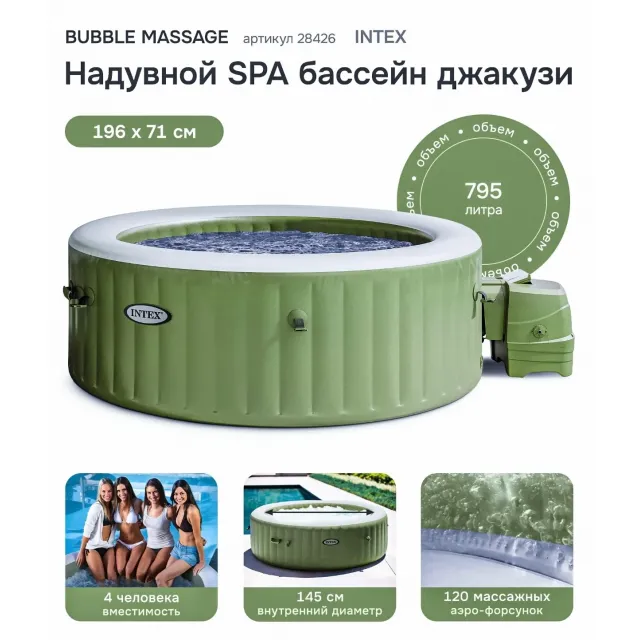 Надувная джакузи INTEX PureSpa Bubble Therapy 196x71см-4 персоны ; артикул 28426