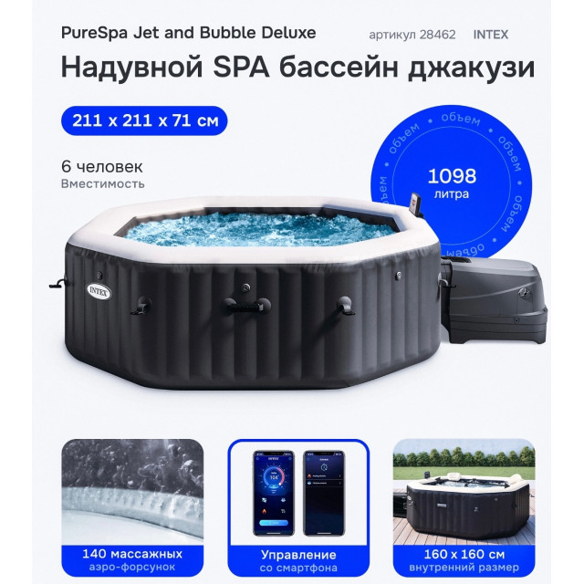 Надувная джакузи INTEX PureSpa Jet and Bubble Deluxe 218x71см-6 персон ; артикул 28462 Надувная джакузи INTEX PureSpa Jet and Bubble Deluxe 218x71см-6 персон ; артикул 28462