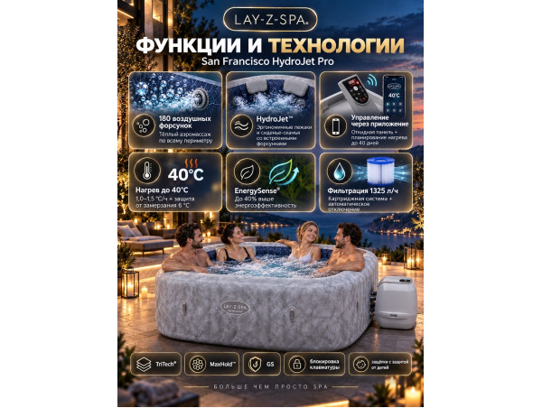 Надувная джакузи Bestway "Lay-Z-Spa San Francisco Smart HydroJet Pro 7" Ø 230 х 230 х 71 см; артикул 6001Q