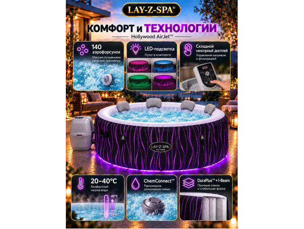 Надувная джакузи Bestway LAY-Z-SPA® LED-Whirlpool Hollywood AirJet™ Ø 196 x 66 см, артикул 60059