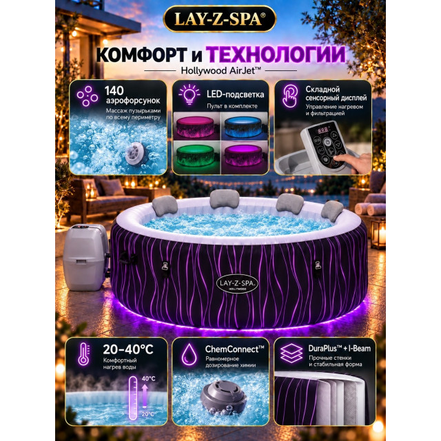 Надувная джакузи Bestway LAY-Z-SPA® LED-Whirlpool Hollywood AirJet™ Ø 196 x 66 см, артикул 60059
