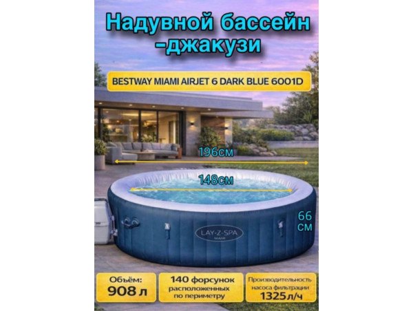 Надувная джакузи Bestway Miami EnergySense AirJet 6 Dark Blue Ø 196 x 66 см, артикул 6001D
