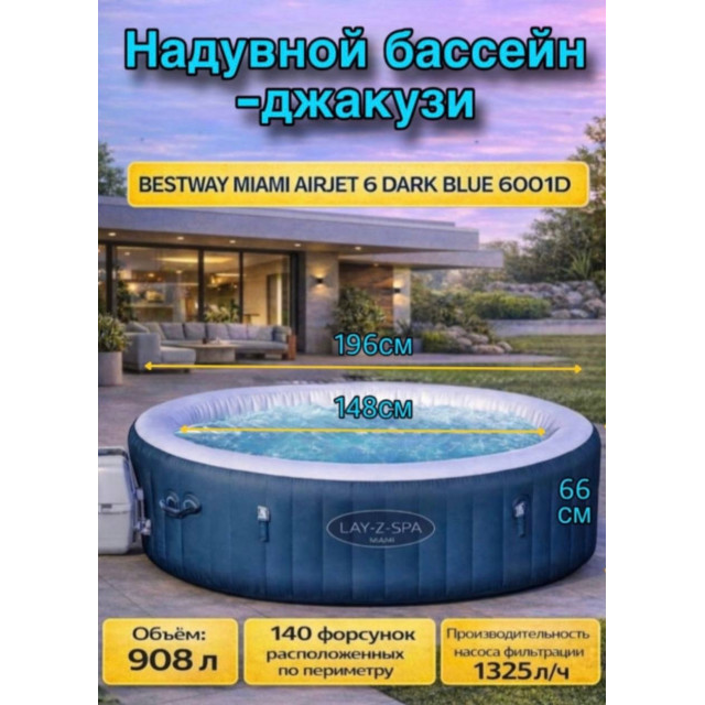 Надувная джакузи Bestway Miami EnergySense AirJet 6 Dark Blue Ø 196 x 66 см, артикул 6001D