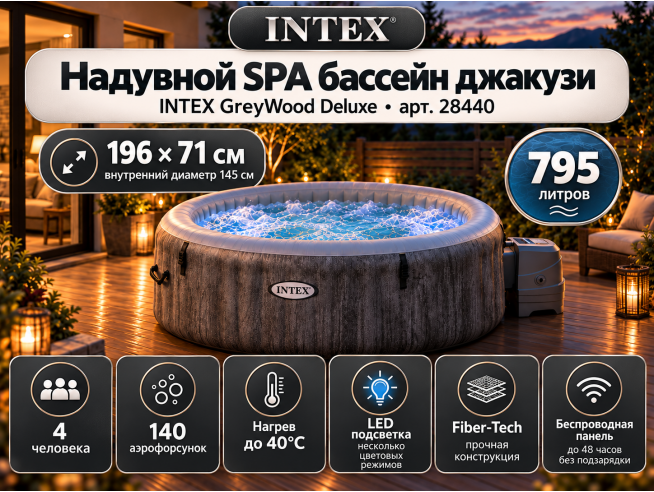 Надувная джакузи INTEX Greywood Deluxe 196x71см-4 персоны ; артикул 28440