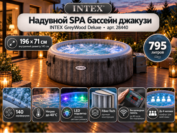 Надувная джакузи INTEX Greywood Deluxe 196x71см-4 персоны ; артикул 28440