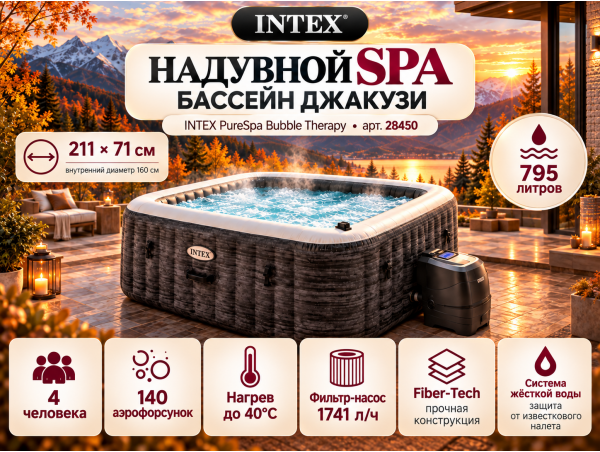 Надувная джакузи INTEX PureSpa Greystone Deluxe 211x71 см-4 персоны ; артикул 28450
