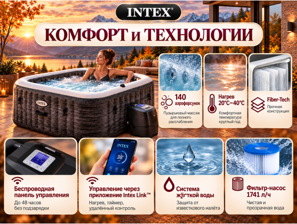 Надувная джакузи INTEX PureSpa Greystone Deluxe 211x71 см-4 персоны ; артикул 28450