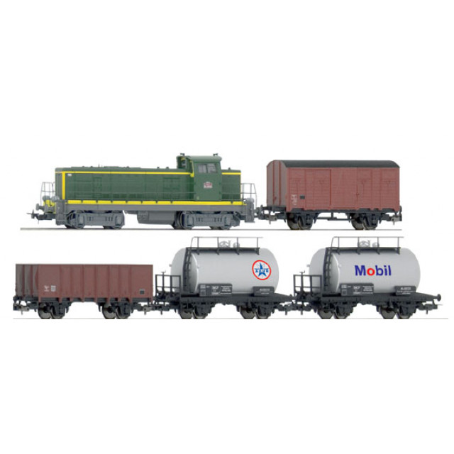 PIKO 57162 Стартовый набор модельной железной дороги «SNCF BB 63000» с 4-мя различными грузовыми вагонами.