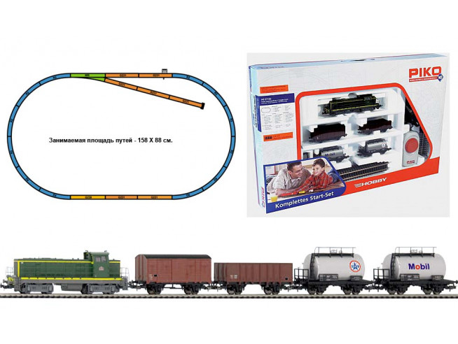 PIKO 57162 Стартовый набор модельной железной дороги «SNCF BB 63000» с 4-мя различными грузовыми вагонами.