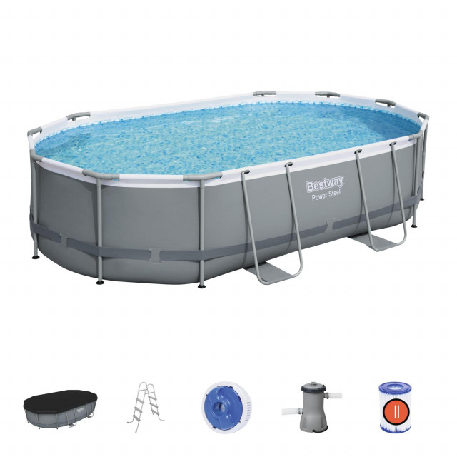 Каркасный бассейн Bestway Power 56448 Steel 488х305х107см, 10949л, фил.-насос 3028л/ч, лестница, тент, попл.-доз.