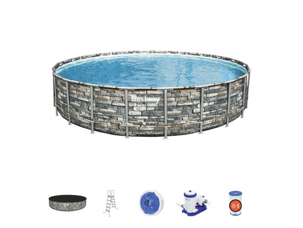 Каркасный бассейн Bestway 56889 Power Steel 671x132см "Камень" 40377л, фил.-нас. 9463л/ч, лестн., тент, попл.-доз.