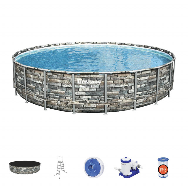 Каркасный бассейн Bestway 56889 Power Steel 671x132см "Камень" 40377л, фил.-нас. 9463л/ч, лестн., тент, попл.-доз.