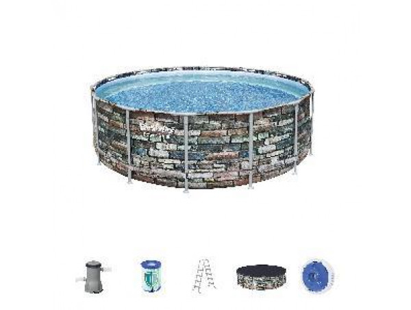 Каркасный бассейн Power Steel 427x122см "Камень" 15232л, фил.-нас. 3028л/ч, лестн., тент, попл.-доз., Bestway 56993