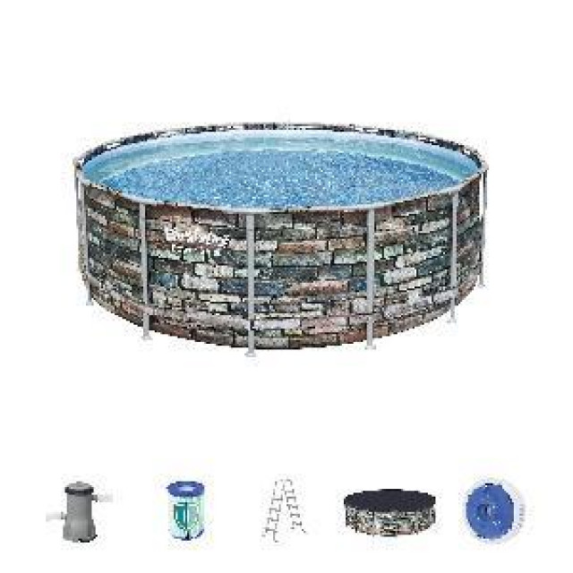 Каркасный бассейн Power Steel 427x122см "Камень" 15232л, фил.-нас. 3028л/ч, лестн., тент, попл.-доз., Bestway 56993