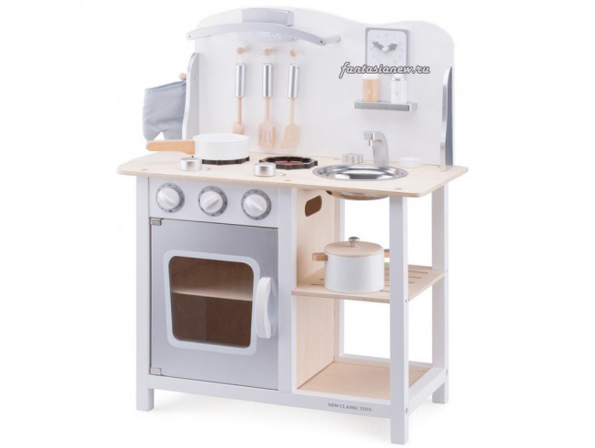 Кухня с часами игрушечная белая деревянная 78 см из серии Bon Appetit New Classic Toys 11053