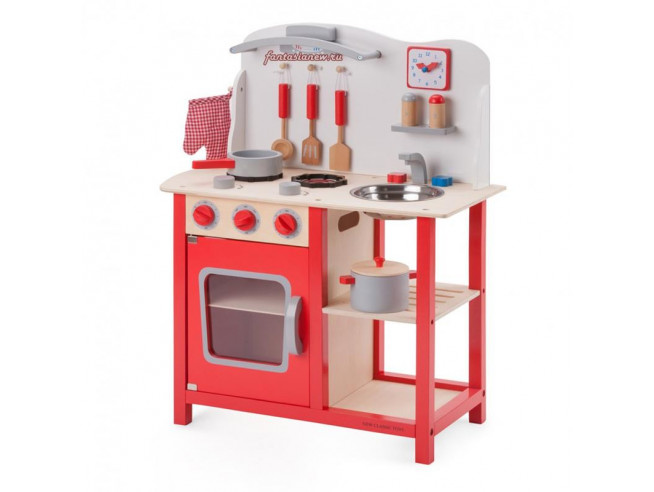 Кухня с часами игрушечная красная деревянная 78 см из серии Bon Appetit New Classic Toys 11055