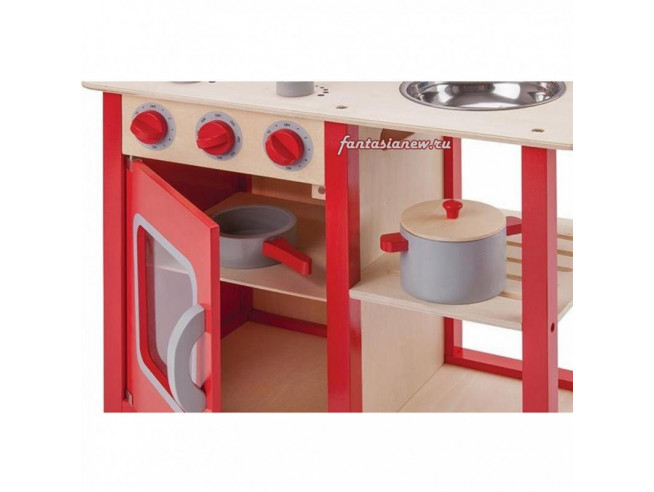 Кухня с часами игрушечная красная деревянная 78 см из серии Bon Appetit New Classic Toys 11055