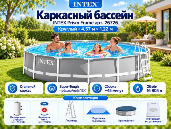 Каркасный бассейн INTEX Prism Frame (круг) 4.57 х 1.22 м ; артикул 26726