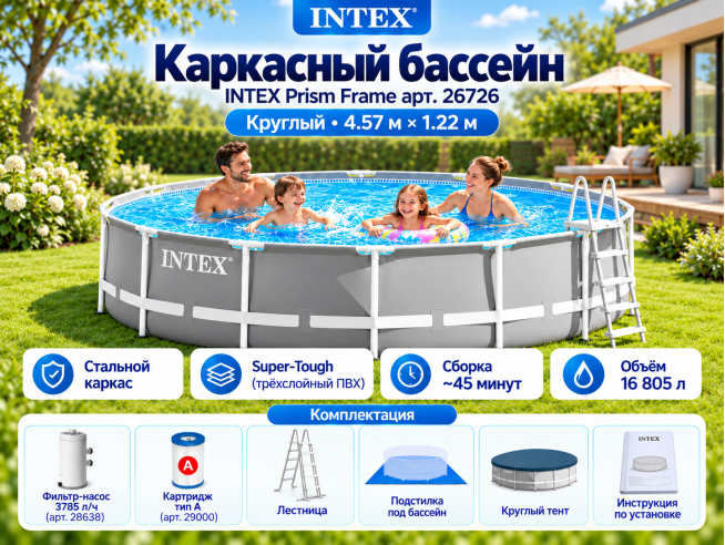 Каркасный бассейн INTEX Prism Frame (круг) 4.57 х 1.22 м ; артикул 26726
