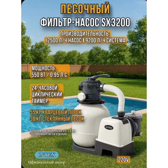 Песочный насос-фильтр INTEX "Krystal Clear" 9200 л/ч ; артикул 26652 - Производительность насоса 12,0м3/ч